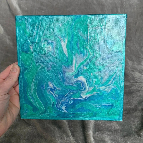 Teal, Blue, White and Green Paint Pour - 8”x8” canvas board - Picture 3 of 8